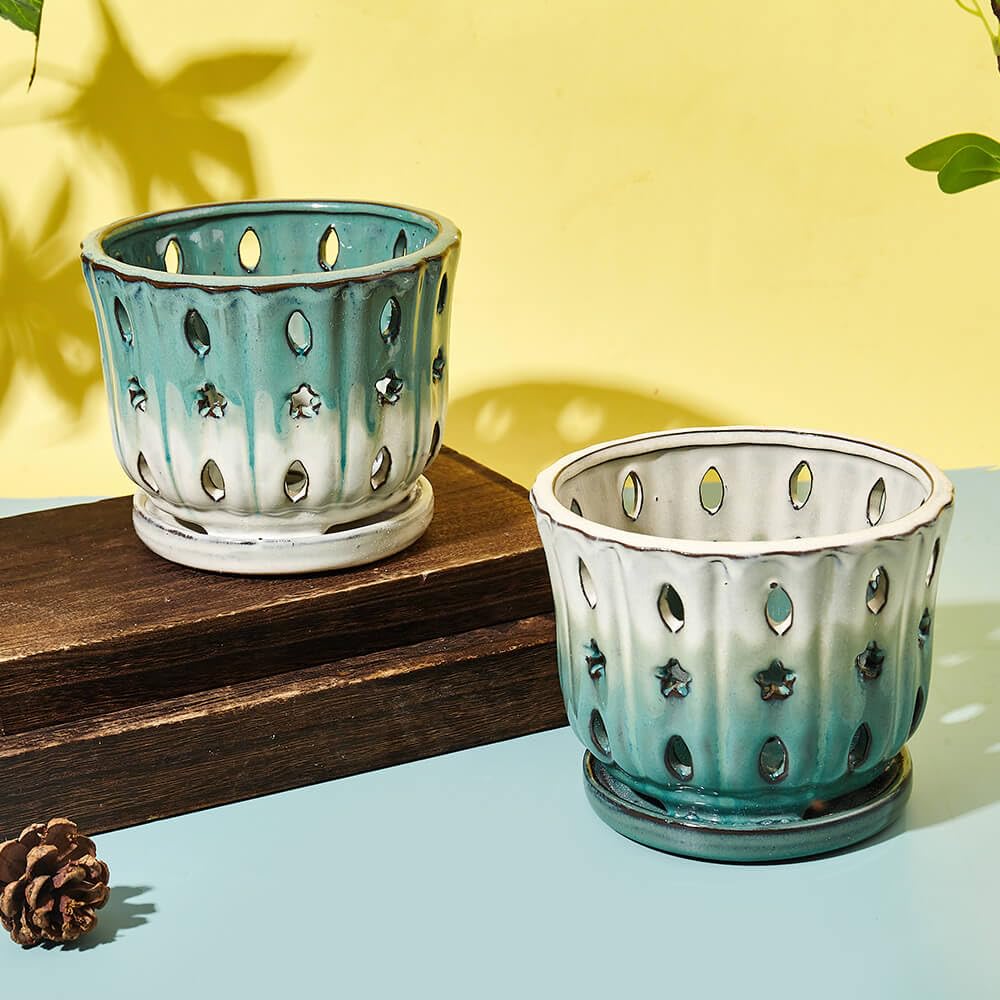 NiSevenLiving Orchid Pots with Holes Attached Saucers 6 Inches - 1 Pcs Small Ceramic Pots for Repotting, Decorative Ceramic Orchid Planter with Hole for Healthy Root Growth Green Over White