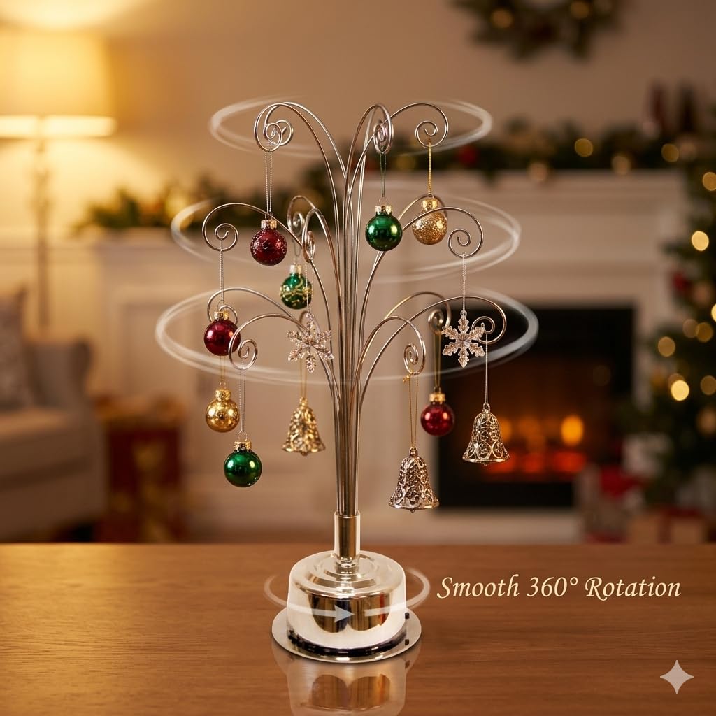 HOHIYA 360° Rotating Ornament Display Stand 15 Hooks Tabletop Christmas Tree Ornament Holder Metal Hanging Display Rack for Crystal Glass Baubles Jewelry and Home Decor Chrome Silver