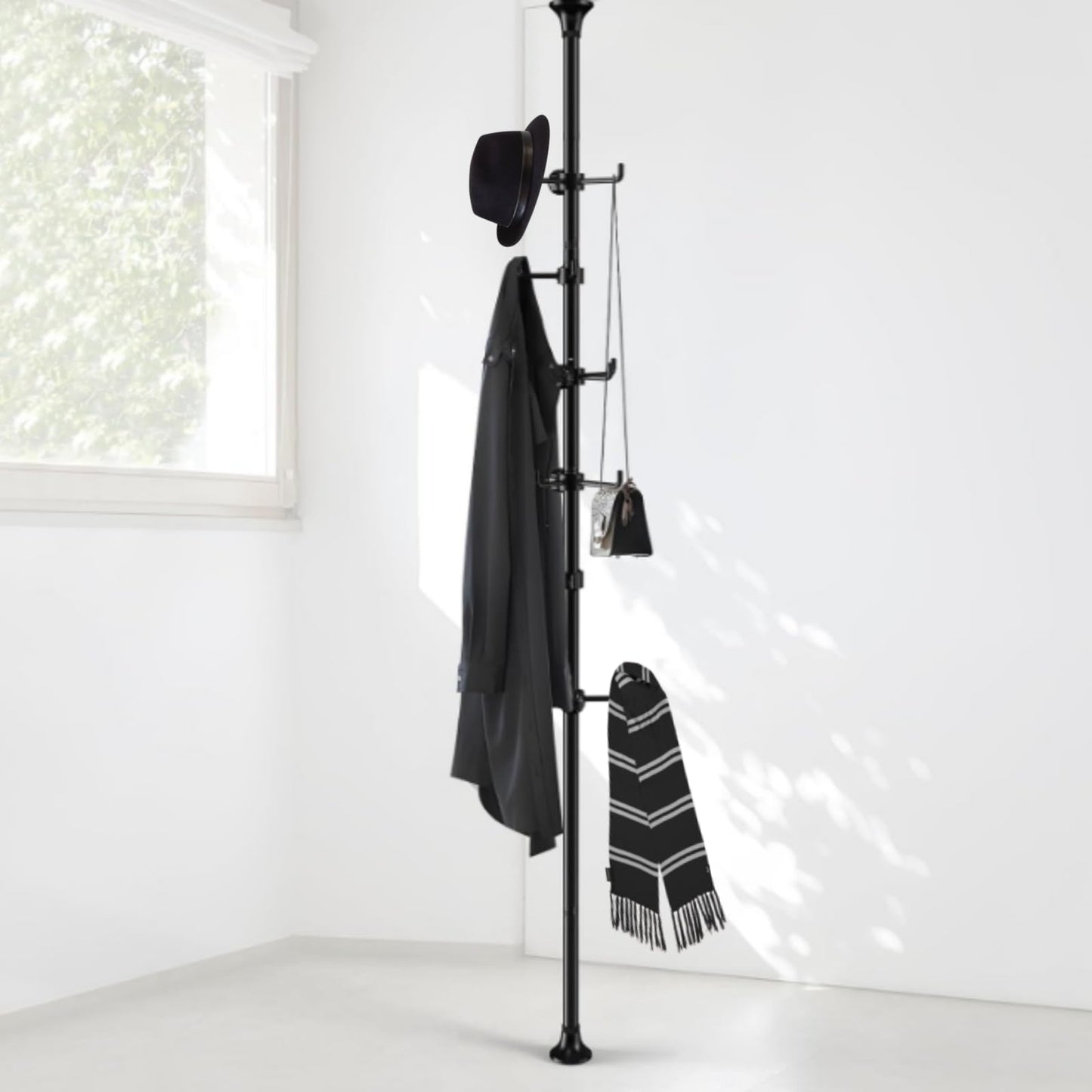 Sempicad Coat Rack Freestanding, 56 to 125 inch Adjustable Tension Rod Hanger with 12 Hooks for Hanging Coat, Plant,Jacket, Hat, Scarf, Suitable for Living Room, Balcony, Kitchen Black