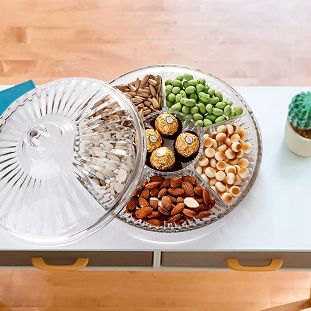 FEOOWV Creative Acrylic Multifunctional Party Snack Tray with Lid,Serving Dishes for Dried Fruits Nuts Candies Fruits,6-Compartment (Round)