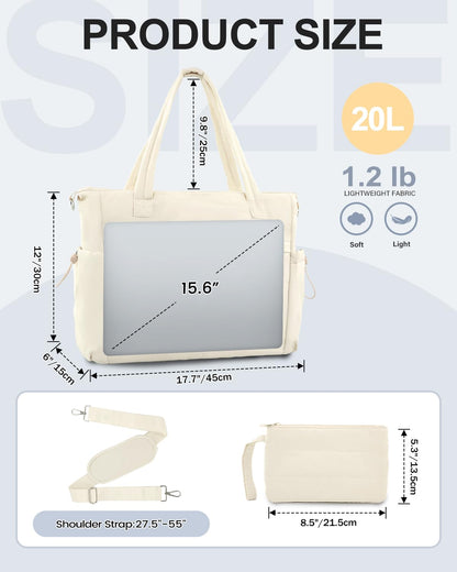 Tote Bag for Women, Puffer Work Tote Bag with 15.6 Inch Padded Compartment and Cup Holder, Shoulder Bag Handbag with Zipper for Travel Teacher Nurse, Beige
