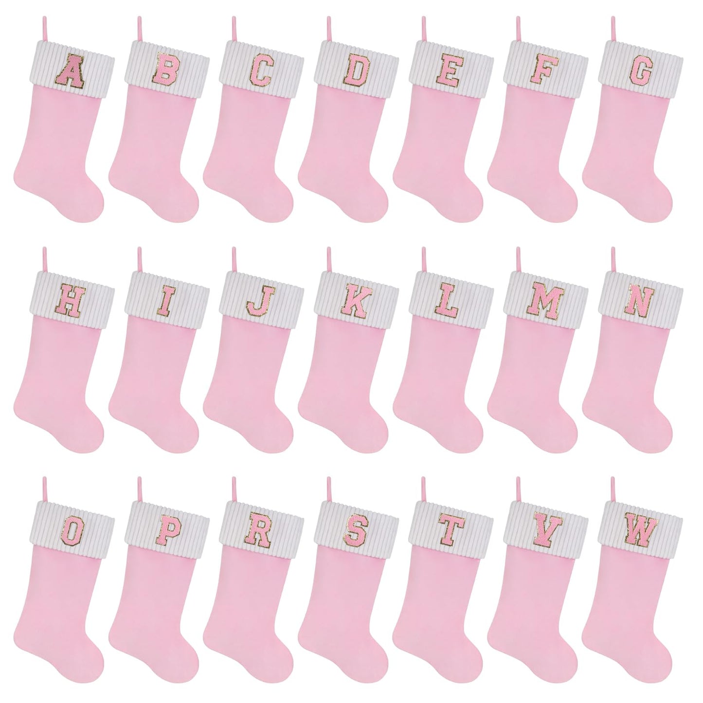 Shgngle 20 Inches Letter Embroidered Christmas Stocking,Personalized Pink Velvet Christmas Stocking,Family Holiday Decorations and Xmas Gift(H)