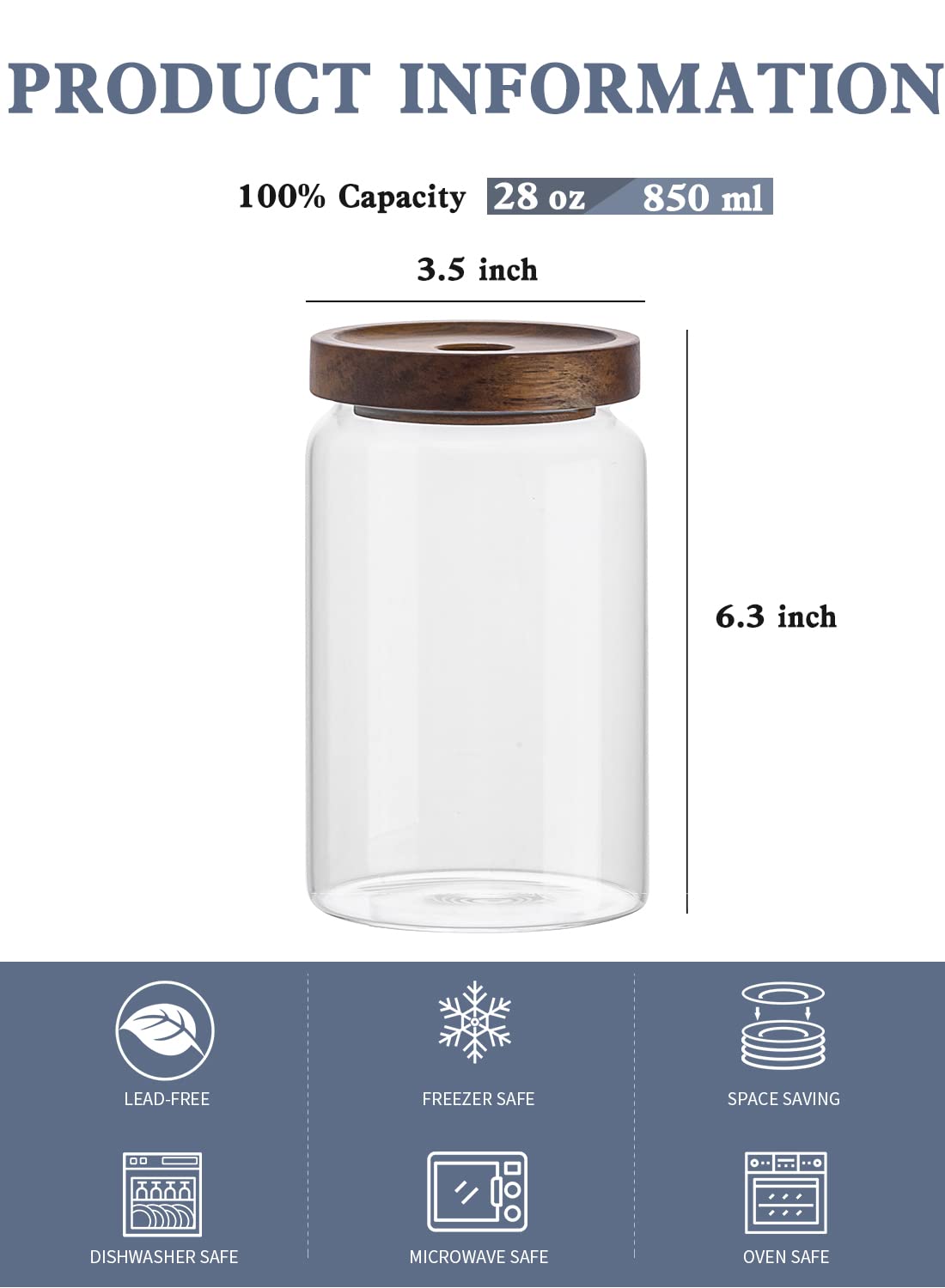 Kanwone Glass Storage Containers Set of 6, 28 Ounce Airtight Food Storage Containers with Bamboo lids, Clear Glass Jars for Pantry, kitchen, Flour, Sugar, Tea, Coffee, Snack, Cookies, Spice and Herbs