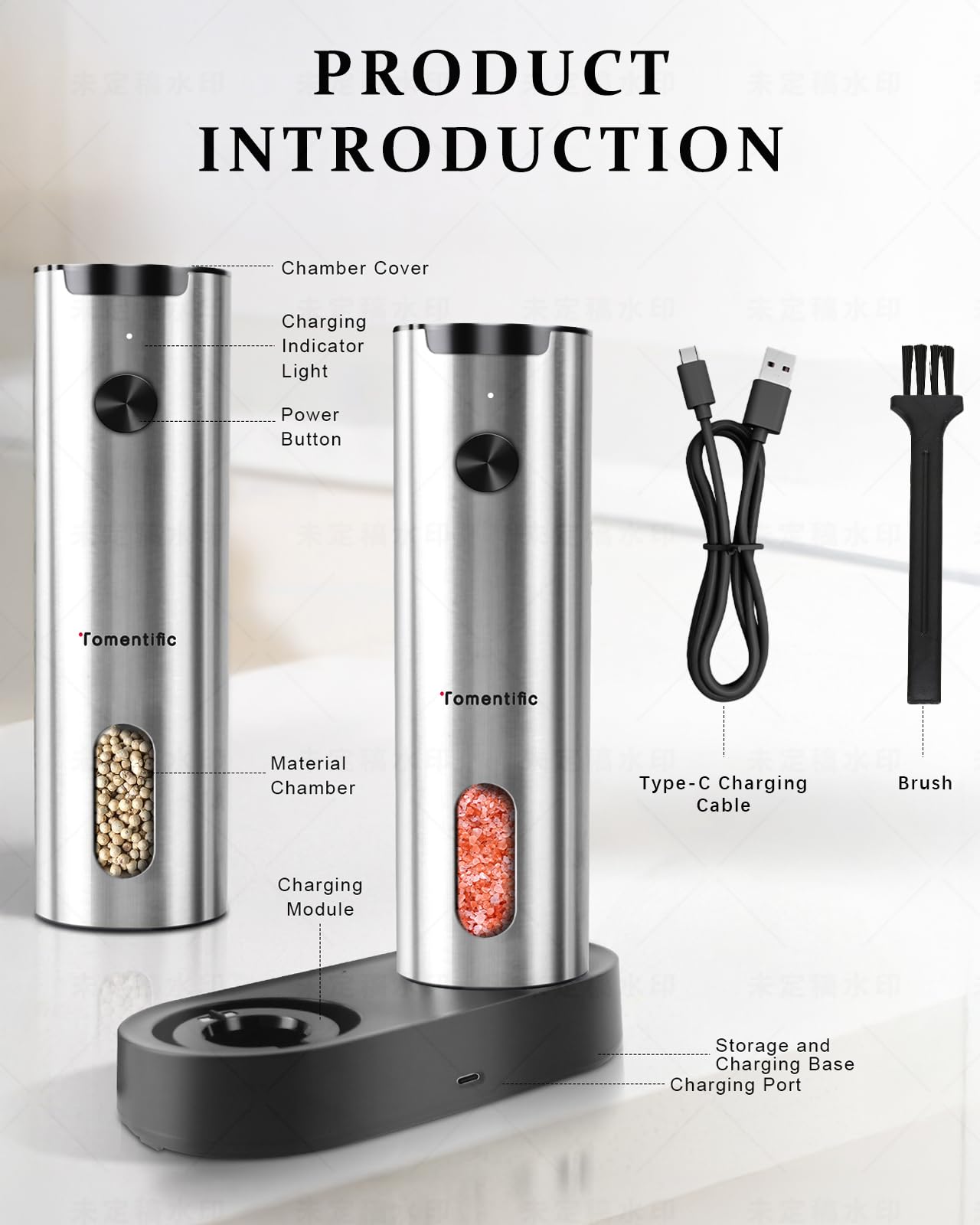 Electric Salt and Pepper Grinder Set with Rechargeable Base - Upgraded Large Capacity, Refillable Pepper Mill Set with LED Light & Adjustable Coarseness, Ideal for Kitchen, Outdoor (Polished Silver)