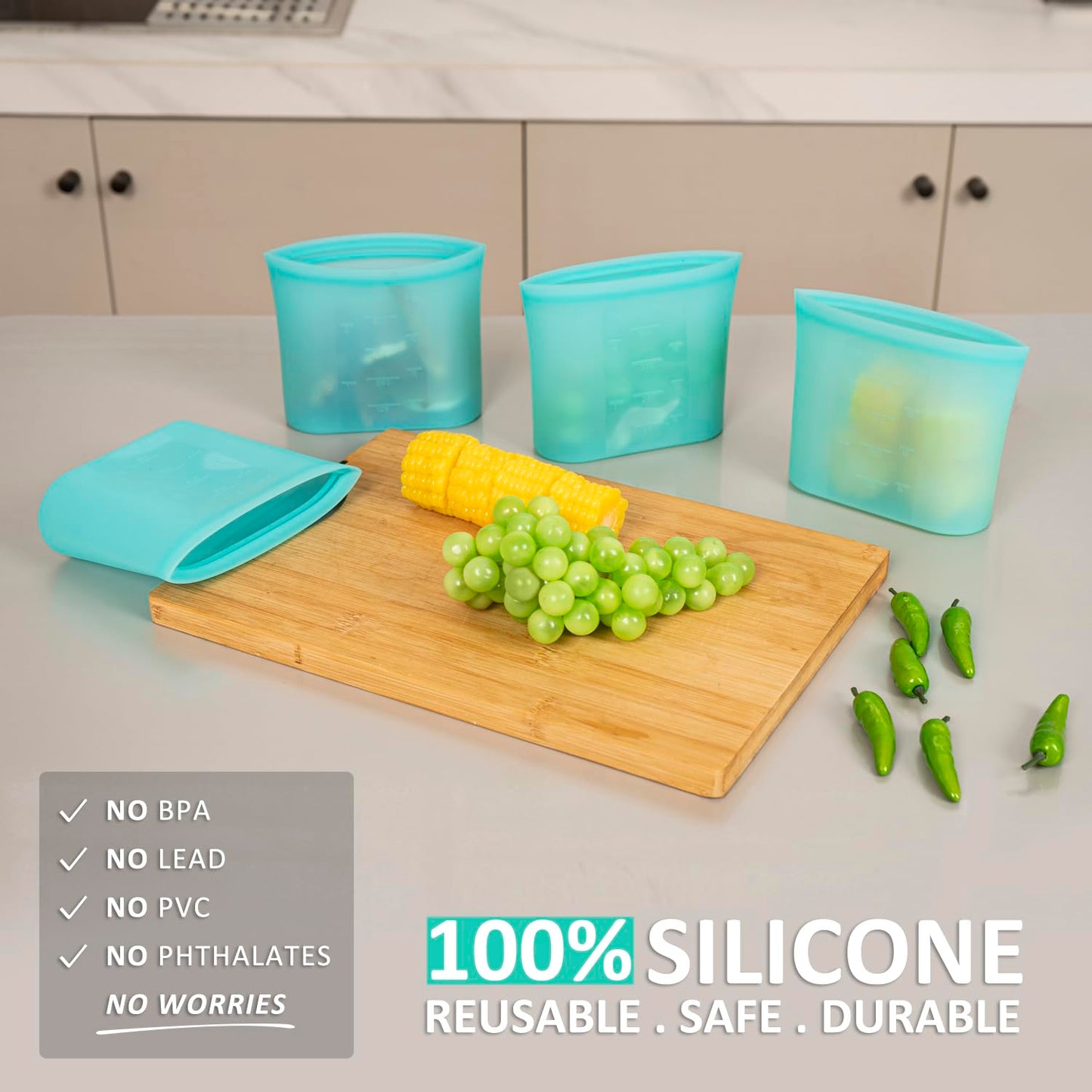 Reusable Food Bags, 12 Pack 100% Silicone Food Storage Bags Stand Up Zip Lock Container, Freezer Microwave Oven Dishwasher Safe, 4 Medium 4 Small 4 Extra Small, Aqua