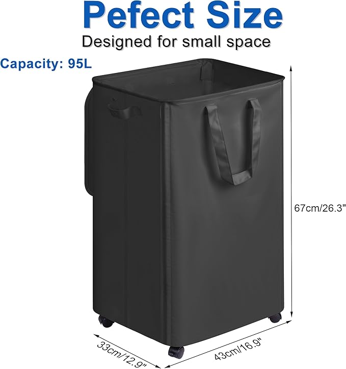 Slim Laundry Hamper with Lid and Wheels, Small Rolling Laundry Basket with