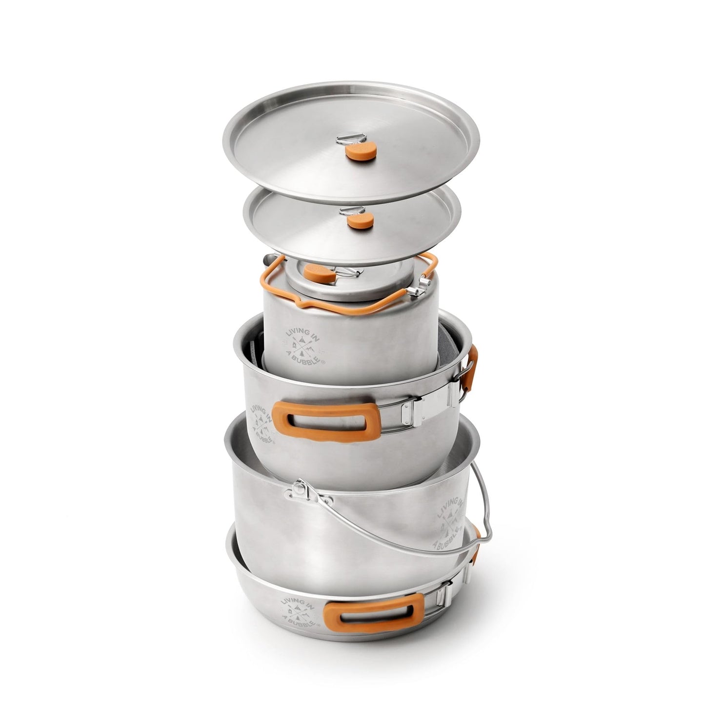 Living in a Bubble Premium 7-Piece Stainless Steel Cooking Set. Tri-layer Bonded Stainless-Steel - Ergonomic Handles with Silicone Sleeve - Compact & Stackable