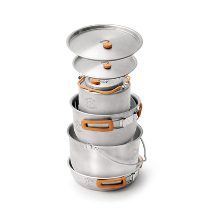 Living in a Bubble Premium 7-Piece Stainless Steel Cooking Set. Tri-layer Bonded Stainless-Steel - Ergonomic Handles with Silicone Sleeve - Compact & Stackable