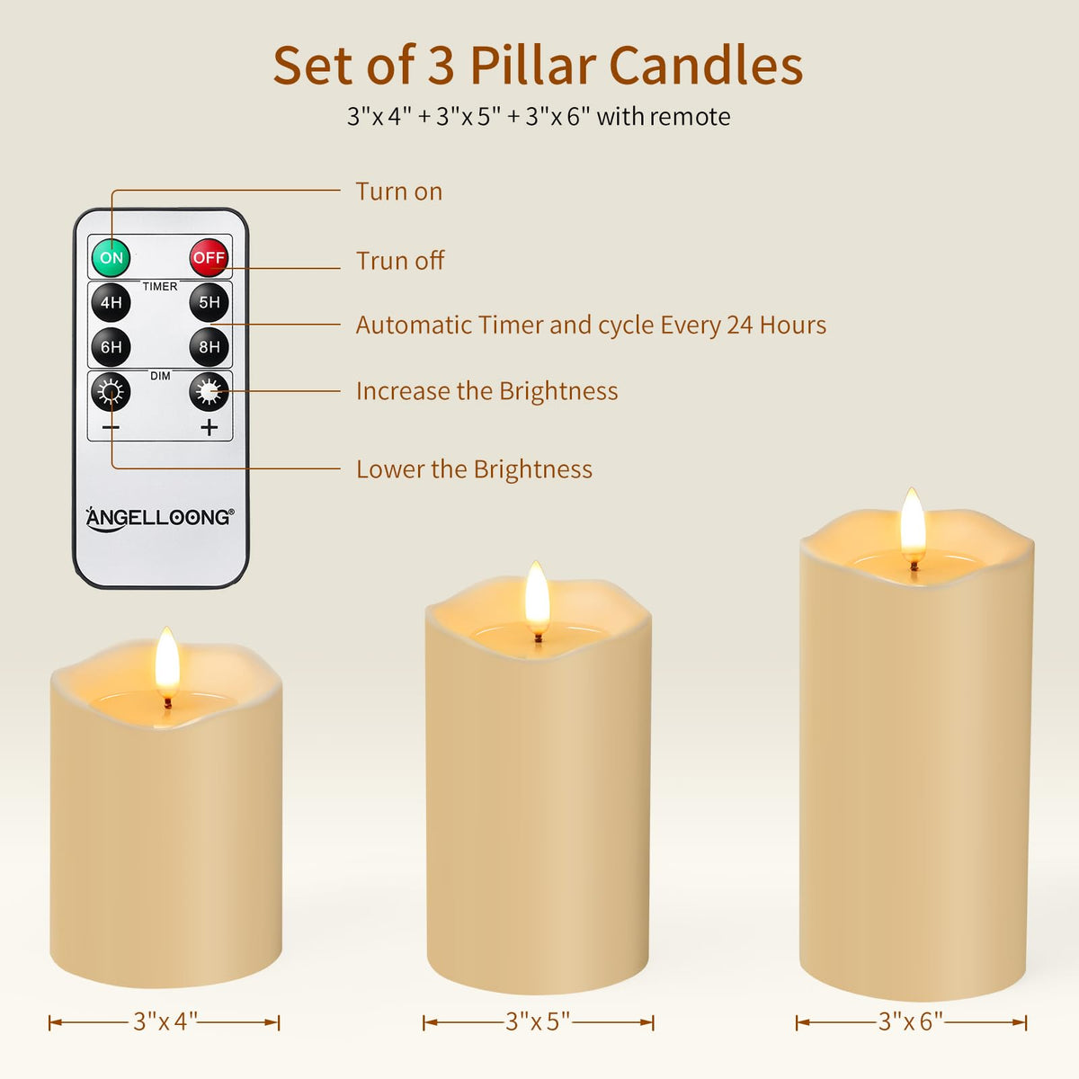 ANGELLOONG Flameless Candles with Remote, Flickering Battery Operated Pillar LED Candles with 4/5/6/8H Timer for Bridal Shower, Wedding Table Decor, Home Decor, Set of 3