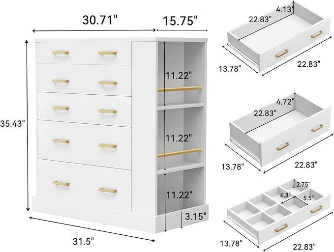 Drawer Dresser with LED Lights and Open Shelves, Modern Tall Chest of Drawers