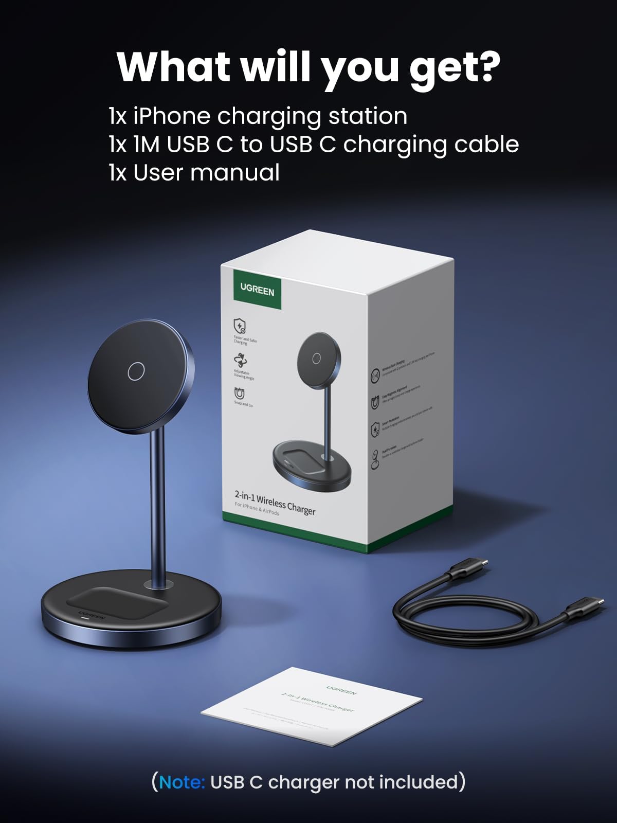 UGREEN MagFlow 2-in-1 Magnetic Wireless Charging Station, Fast Wireless Charger for iPhone 16 15 14 13 12 Series and AirPods, MagSafe Compatible Qi Charging Stand with 3 FT USB-C Cable (No AC Adapter)