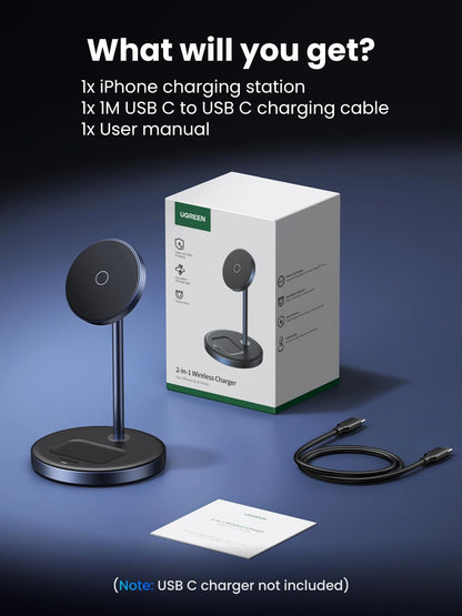 UGREEN MagFlow 2-in-1 Magnetic Wireless Charging Station, Fast Wireless Charger for iPhone 16 15 14 13 12 Series and AirPods, MagSafe Compatible Qi Charging Stand with 3 FT USB-C Cable (No AC Adapter)