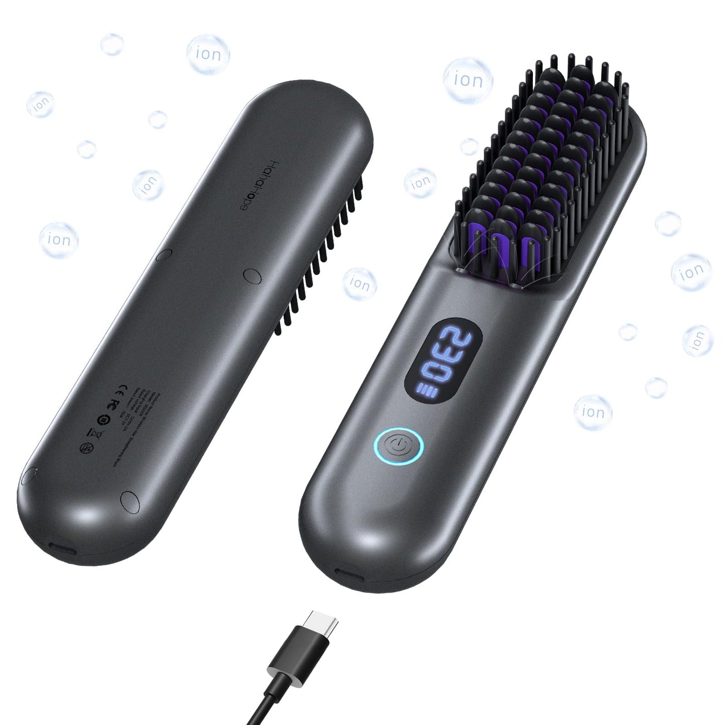 Cordless Hair Straightener Brush-Portable Straightening Comb, 9600mAh Batt, Plasma Tech, 9 Temp-Settings & LED Display, for Travel & Home(Pink)