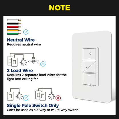 Smart Ceiling Fan Control and Light Dimmer Switch, Compatible with Alexa/Google Assistant/Smart Life, Neutral Wire Required, Single Pole Fan Light Switch, 2.4G Wi-Fi only, Timer, No Hub Required, 2PCS