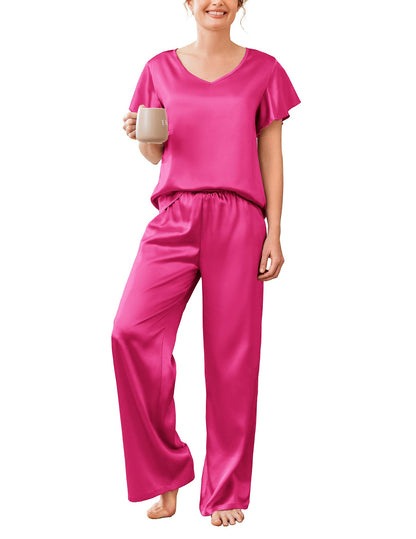 Ekouaer Women's Satin Silky Pajama Set 2 Piece Short Sleeve Shirt with Long Pants Pjs Sets Soft PJ Loungewear S-XXL