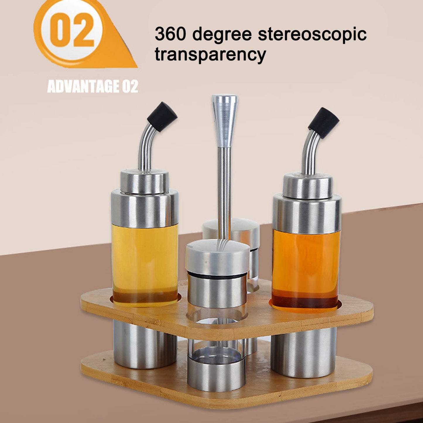Cyrank Salt and Pepper Shakers, Olive Oil and Vinegar Dispenser Set with Wood Holder Glass Spice Dispenser for Home Kitchen Restaurant