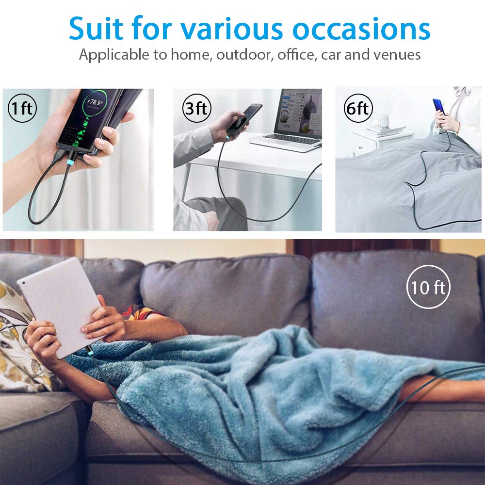 Terasako Magnetic Charging Cable 6-Pack [1ft/3ft/3ft/6ft/6ft/10ft], 3 in 1 Nylon Braided Magnetic Phone Charger, Compatible with Micro USB, Type C, iProduct and Most Devices