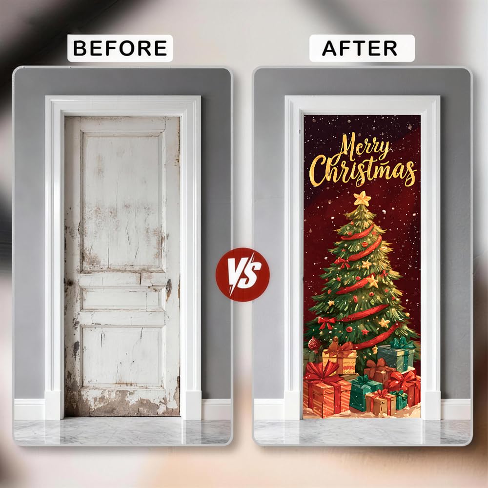 WDESYADMS 1PC Christmas Tree Door Sticker 30.3x78.7 Inch Self Adhesive PVC Peel and Stick Holiday Door Mural with Gift Boxes for Home Living Room Office Entrance Wall Art Decoration