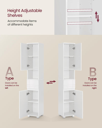 VASAGLE Tall Bathroom Cabinet, Slim Storage Cabinet, Narrow Cupboard, Bathroom Storage Unit, with a Drawer, Adjustable Shelves, 30 x 30 x 170 cm, White BBC560P31