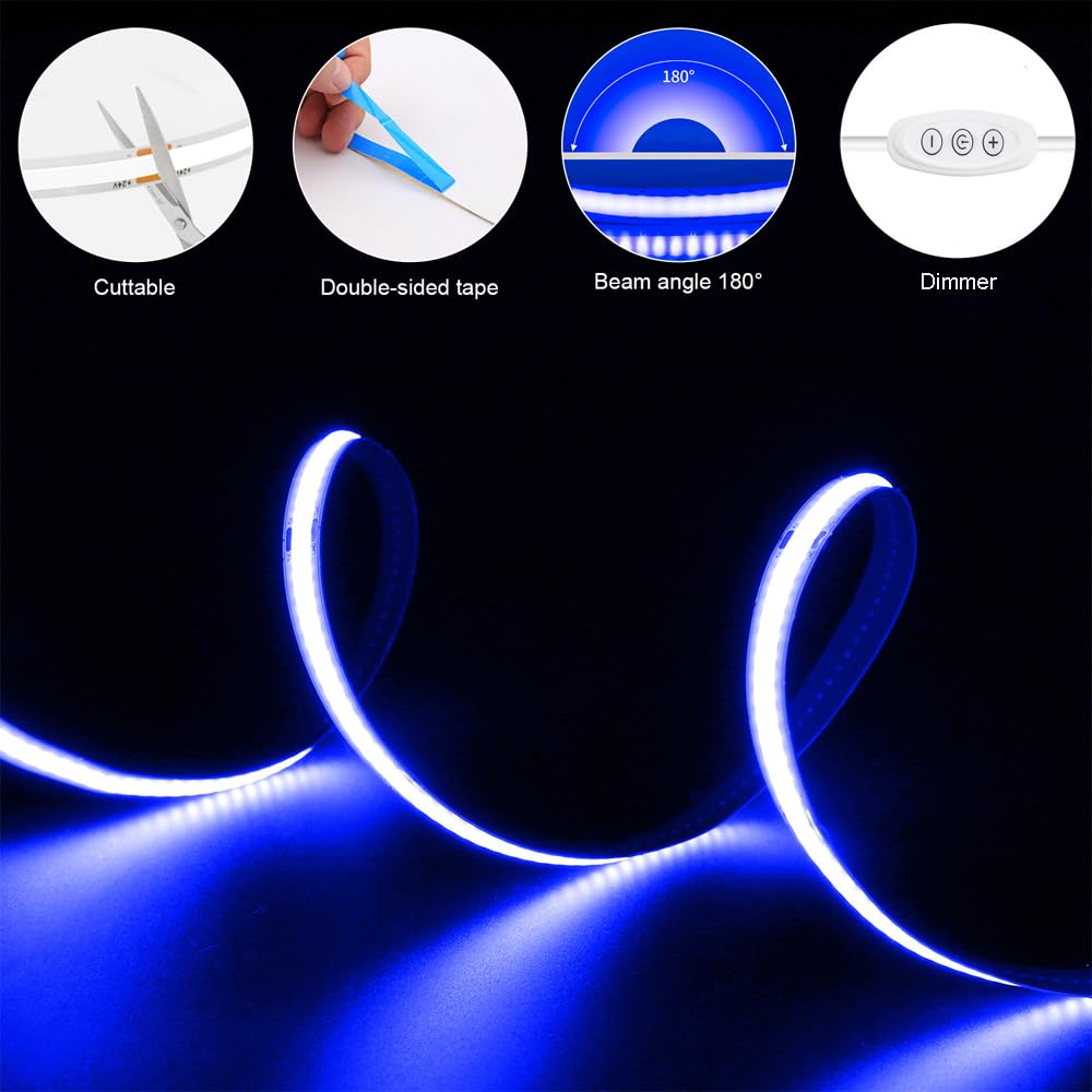 Smacen USB Powered COB Led Strip Lights, 6.56Ft Battery Operated Blue LED Strip Lights, High Brightness Flexible LED Tape Lights for Room, Cabinet, Bedroom, Kitchen, Party, Home DIY Indoor Deco