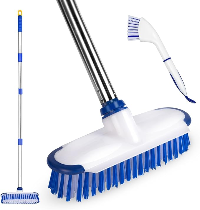 ITTAHO Floor Scrub Brush with Long Handle, 2 in 1 Deck Scrub Brush, Stiff