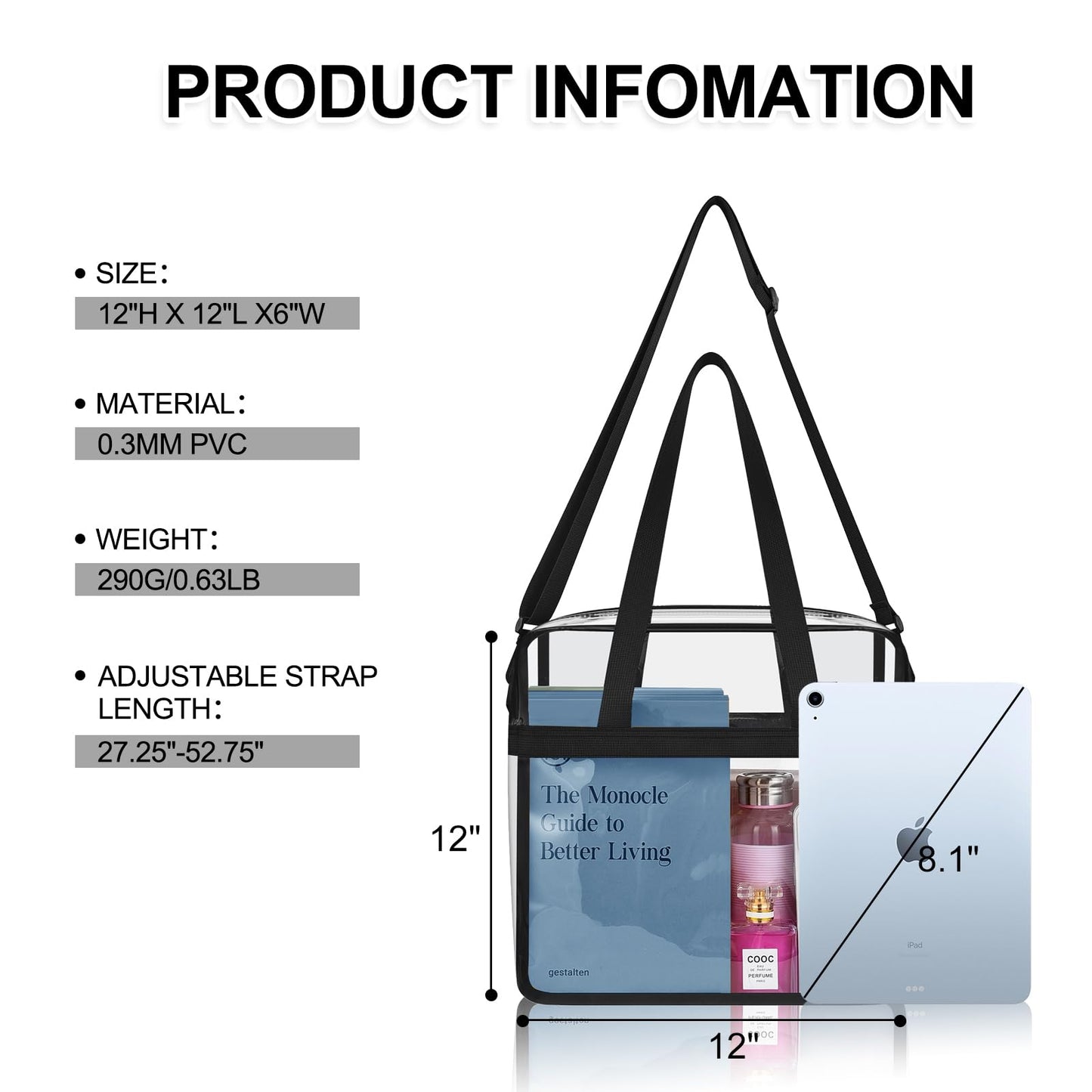 UEASE Clear Bag for Stadium Events 12×6×12 Clear Tote Bag for Concert,Sport,Festival
