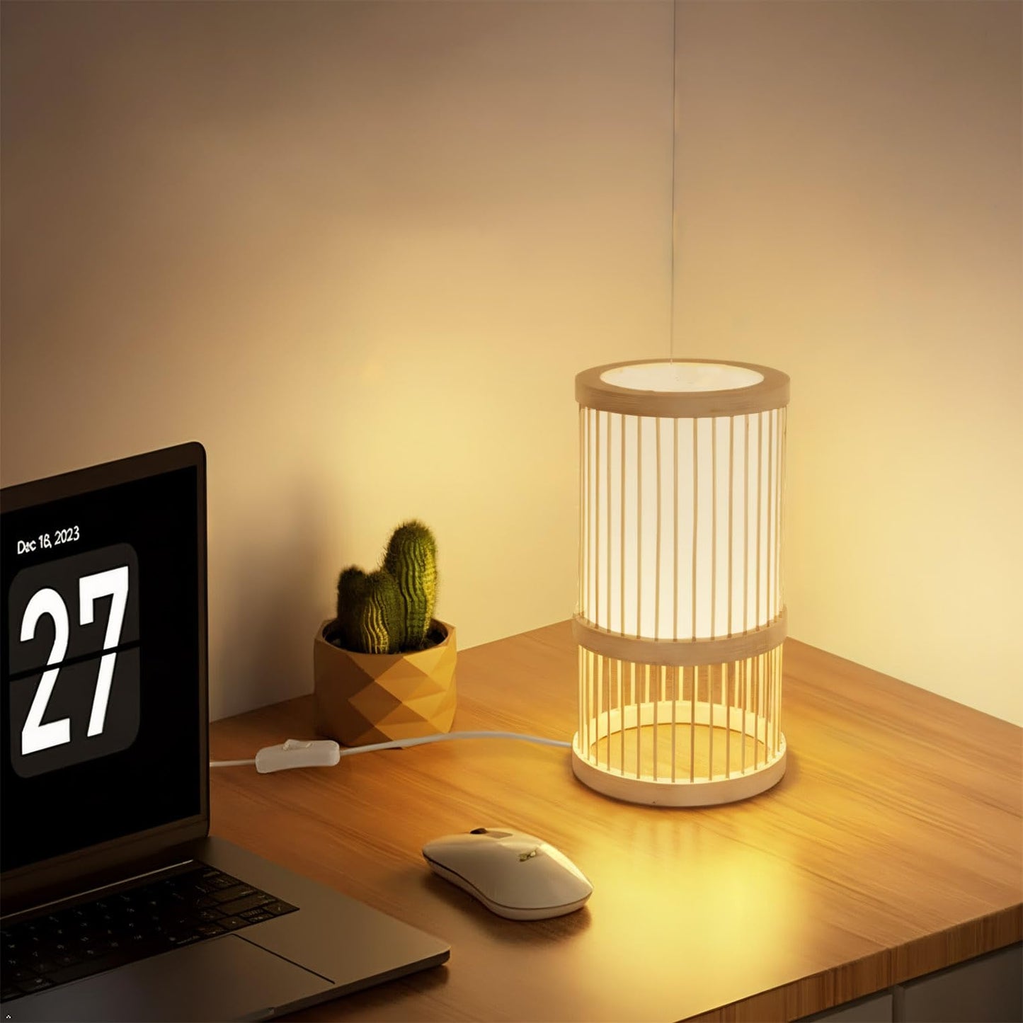 AFORTLO Table Desk Lamp,Bamboo Boho Decorative Nightstand Night Light Japanese Hollow-Out Lamp Home Decor for Bedroom,Living Room,End Table or Office with Bulb