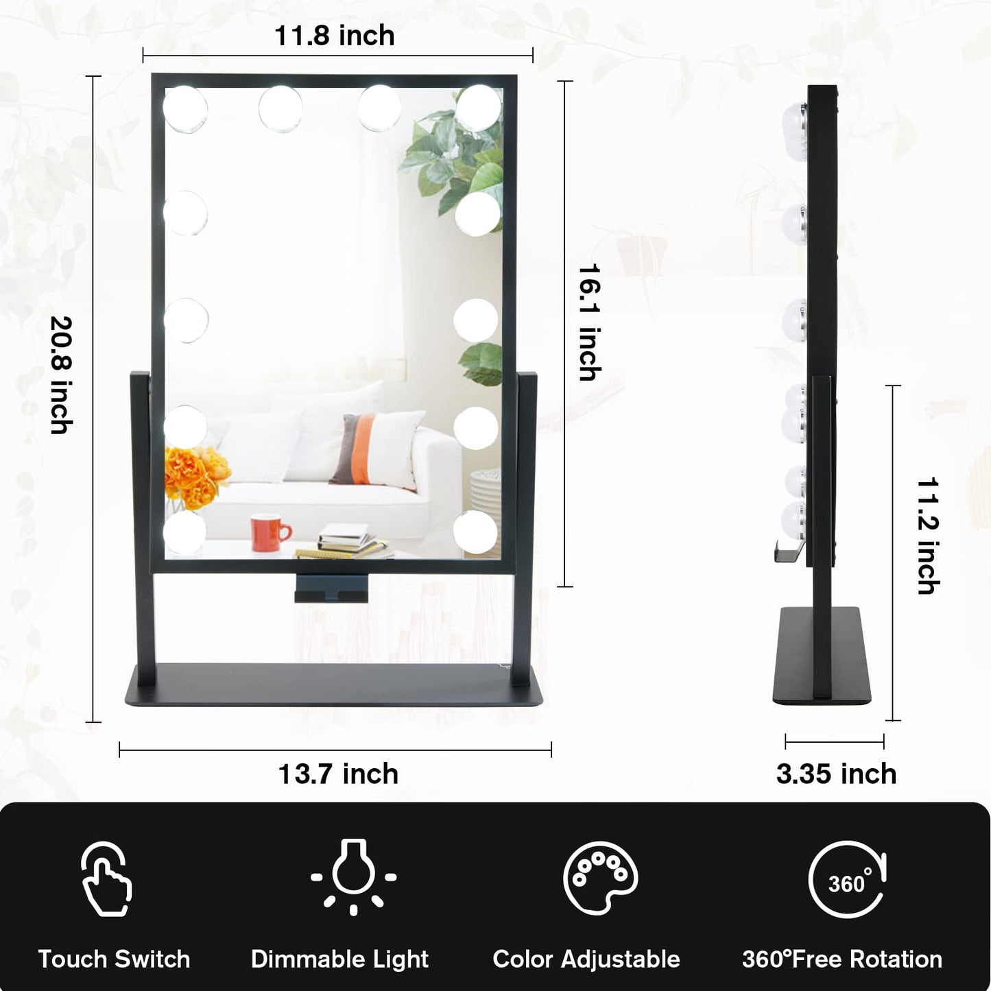 Lighted Makeup Mirror Hollywood Mirror Vanity Mirror with Lights, Touch Control Design 3 Colors Dimable LED Bulbs, Detachable 10X Magnification, 360°Rotation, (White) 12" L x 14" W
