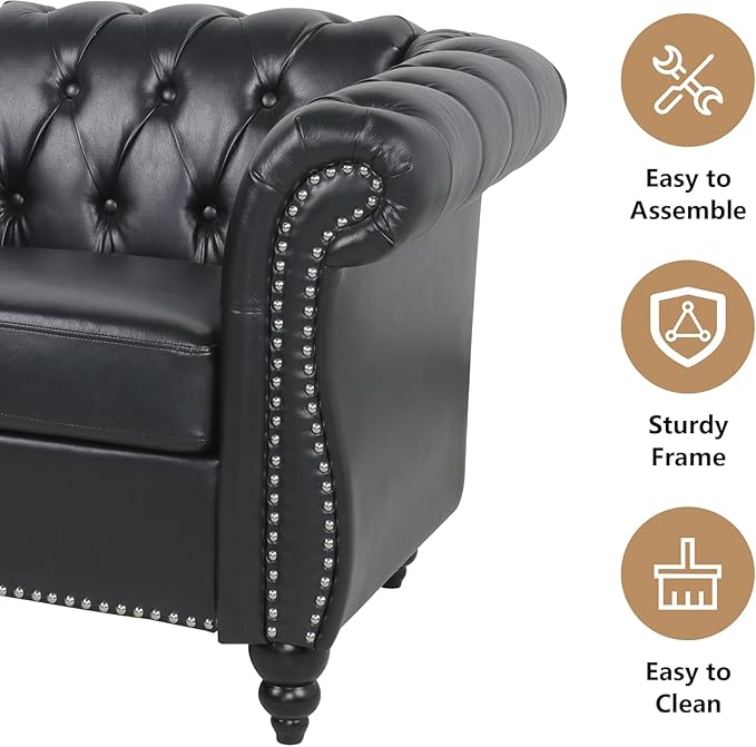 Mid-Century 3 Seater Sofa, Faux Leather Couch