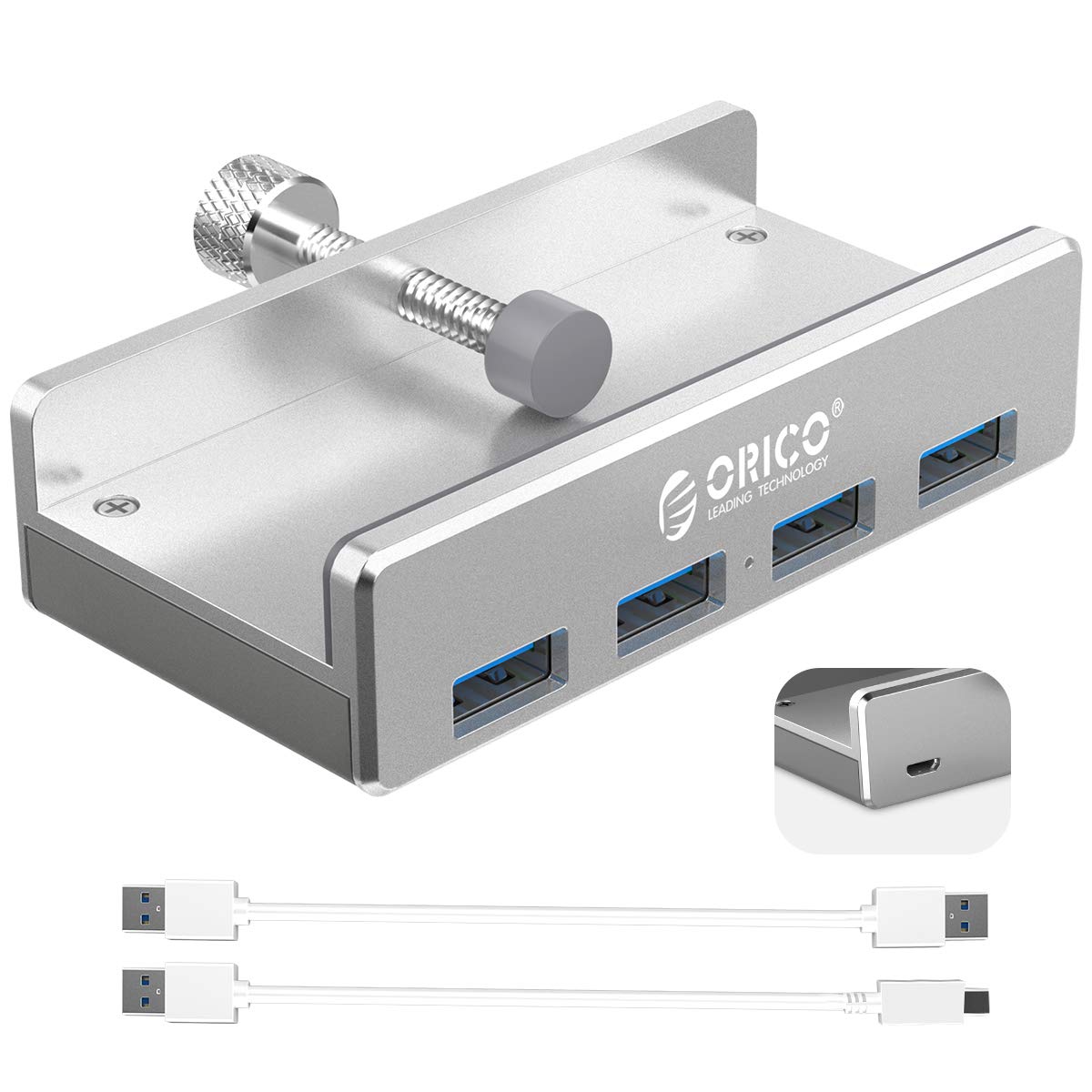 ORICO USB 3.0 Hub, USB Hub Clamp, Aluminum 4-Port USB Splitter with Extra Power Supply Port and 4.92 FT USB Data Cable, Desktop Powered USB Hub for Monitors/Desks-Black (Without Power Adapter)