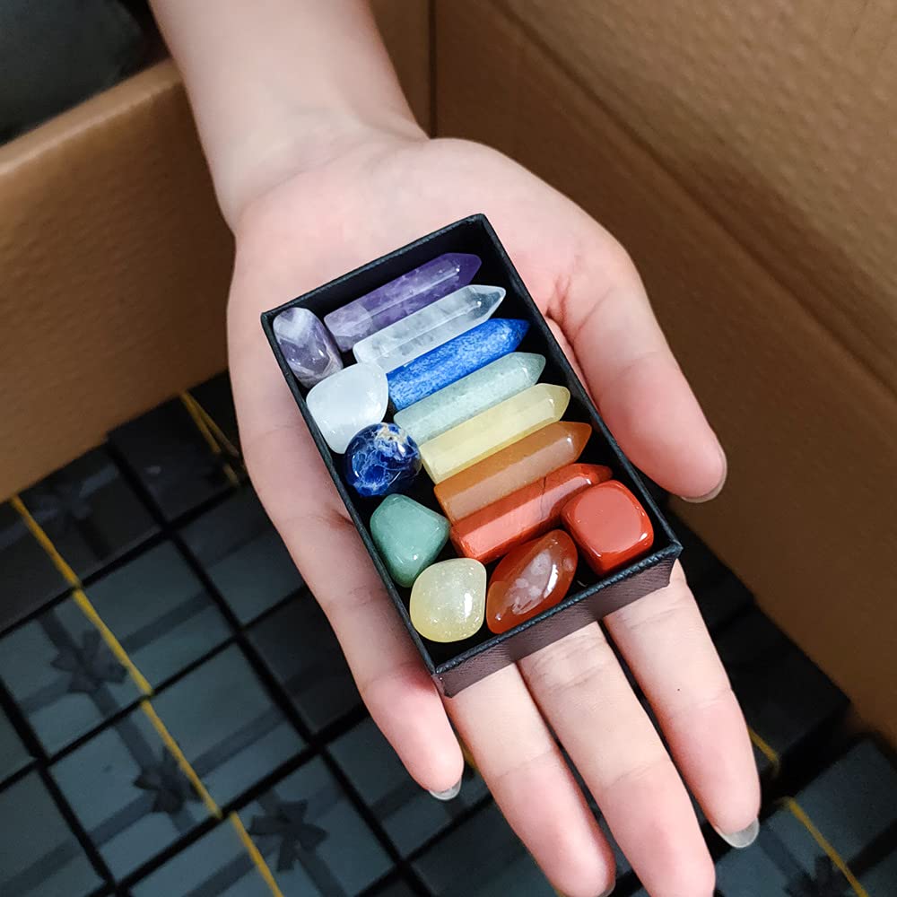 Chakra Crystal Stones Healing Kit, Healing Crystal Wands Crystals Points Reiki, 7 Chakra Set Tumbled Stones Reiki Chakra Meditation Therapy