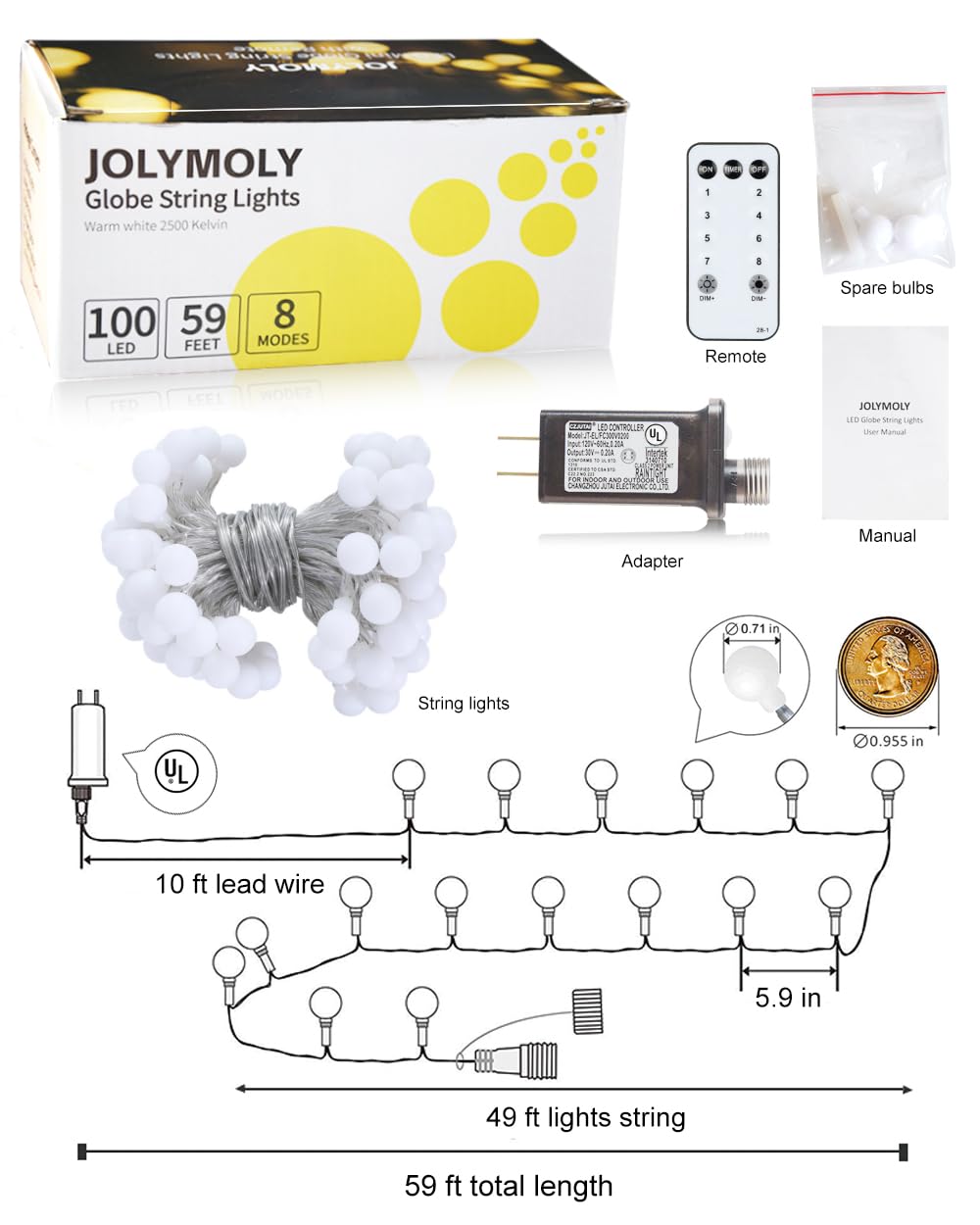 Globe String Lights, 59 Ft 100 LED Christmas Lights with Remote Timer, Connectable Plug in Twinkle Lights for Bedroom Wedding Classroom Indoor Outdoor Decor, Warm White