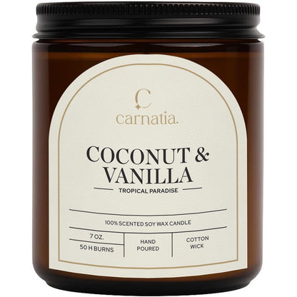 Carnatia Coconut & Vanilla Scented Candle – 7 oz | 100% Soy Wax with Cotton Wick | 50 Hour Burn | Aromatherapy Candle for Home, Stress Relief & Relaxation | Gift for Women & Men