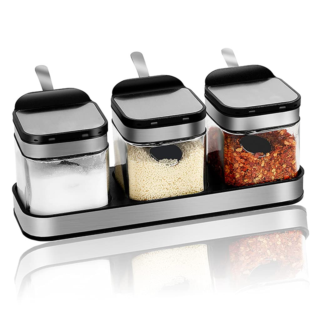 SvaTao Condiment Jar Spice Container with 304 Stainless Steel Lids and Spoons,Clear Glass Condiment Canisters Pots Seasoning Box Salt Container Sugar Bowl Set of 3 for Kitchen, Counter, Food Storage