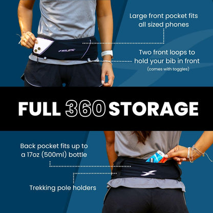 Fitletic 360 Plus Running Belt – Step-In Waist Pack – Fits iPhone 17 Pro Max & Galaxy S26 Series – Built-in Trekking Pole & Race Bib Holder – Trail, Hiking & Marathon Hydration – Black