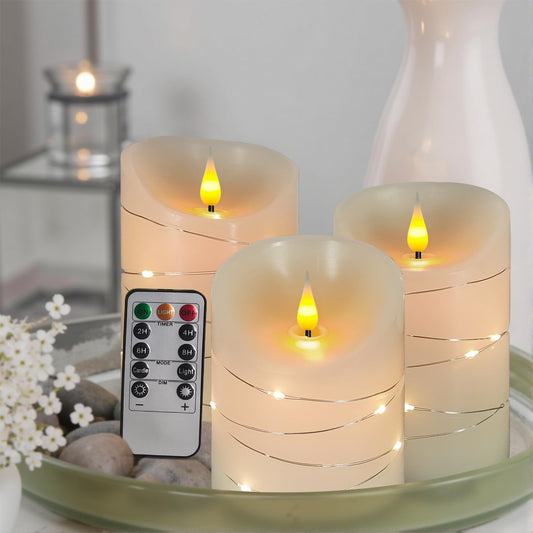 Flameless Candles Set of 3 (3" x 4", 5", 6") – Real Wax Battery Operated Candles with Remote, Flickering Flame, 2/4/6/8H Timer, Brightness & Flicker Mode Adjustment – Led Candles, Ivory, Unscented