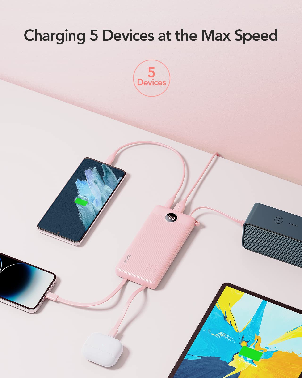 VRURC Portable Charger with Built in Cables, Slim Power Bank 10000mAh, USB C Battery Pack Travel Essential, 5 Outputs 2 Inputs Phone Charging Bank for iPhone 16 15 14 13,Samsung,Android-Black(1 Pack)