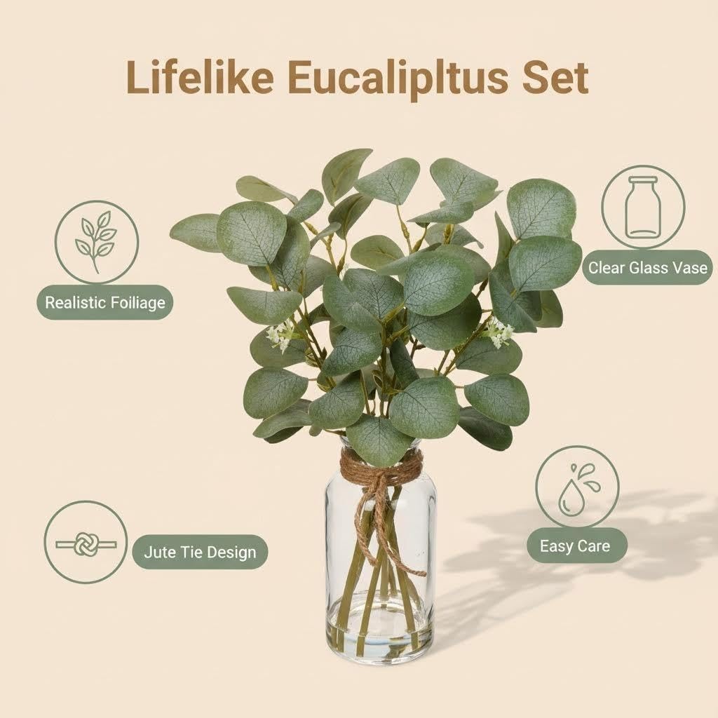Briful Artificial Eucalyptus Stems in Glass Vase with Faux Water, 14" Fake Plant Eucalyptus Leaves for Home Bathroom Office Farmhouse Wedding Centerpiece Décor