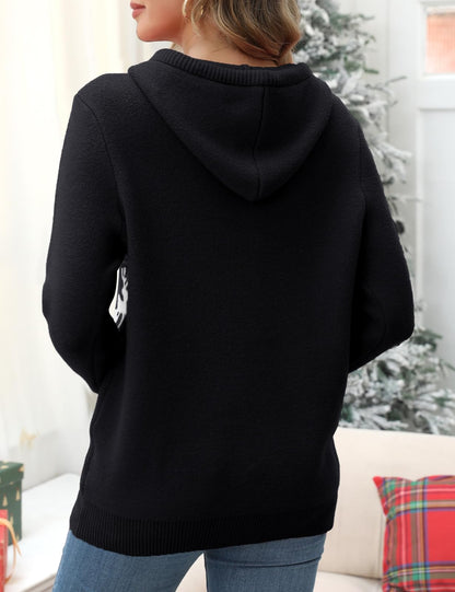 VIMPUNEC Womens Christmas Sweaters Knit V Neck Hoodies Fall Fashion Casual Pullover Tops Christmas Black XL