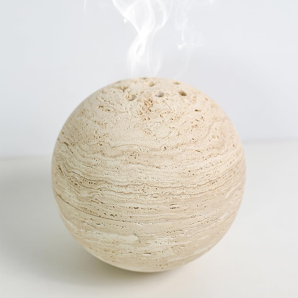 100% Natural Travertine Spherical Incense Burner, Manual Incense Burner Holder, Ideal for Smudging, Handmade Stone Incense Burning for Ritual Purpose Home Decor