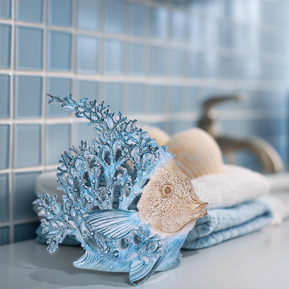 UANYEMON 7.28'' Ocean Coral Fish Sculpture – Resin Coastal Fish Figurine with Coral Backdrop, Ocean Blue & Sandy Beige Finish – Nautical Tabletop Accent for Living Room, Beach House & Bathroom Decor