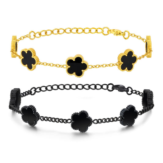 VNOX 2 PCS Floral Bracelets for Men Women -Womens Mens Stainless Steel Gold Cuban Chain Link Bracelet Lucky Charm Four Clover Flower Bracelets Trendy Jewelry Gifts，8