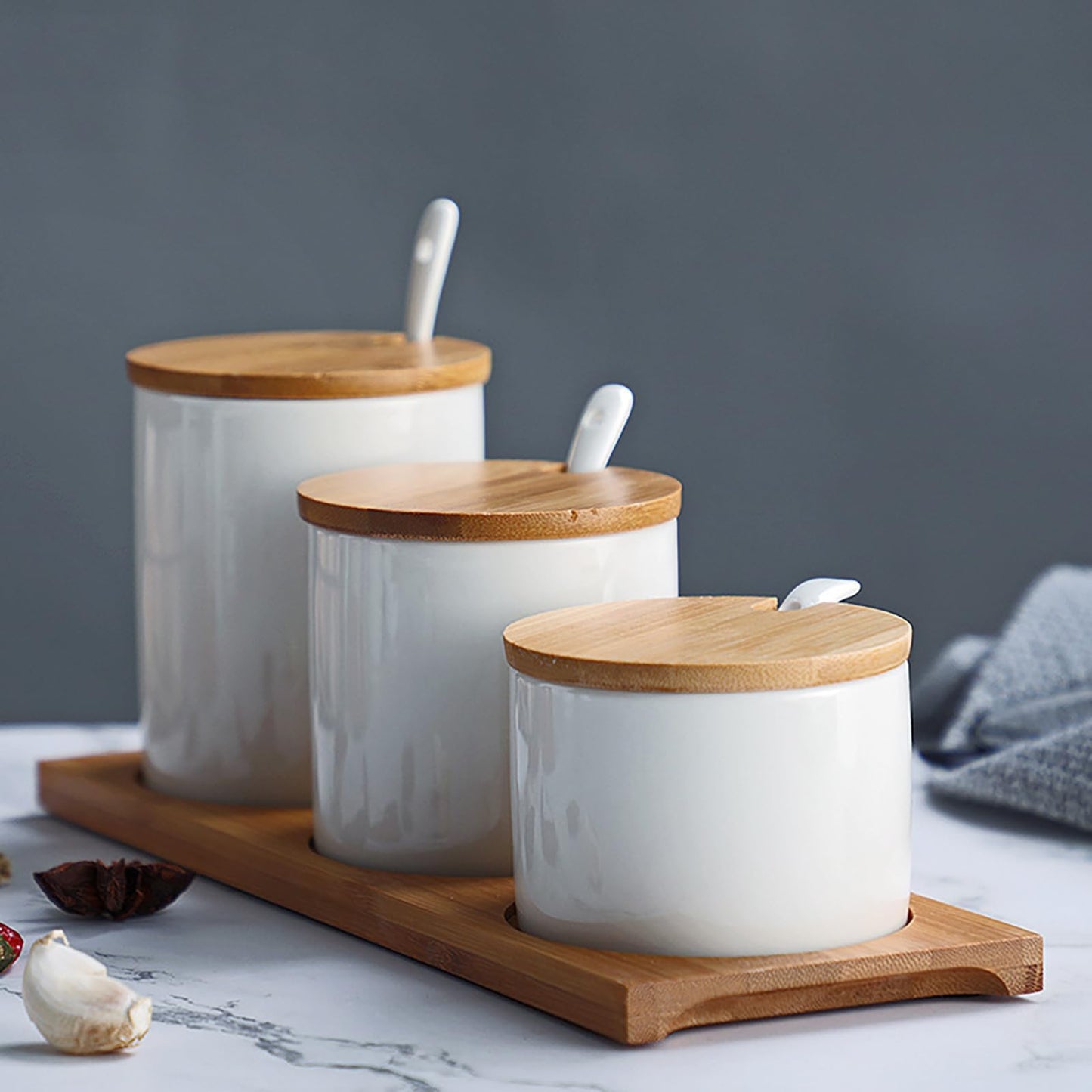Set of 3 Ceramic Condiment Jars in Varying Sizes With Spoons & Bamboo Lids and Tray (White)