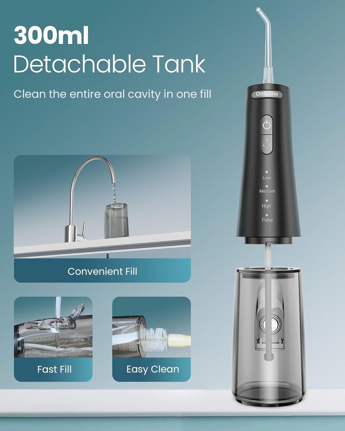 Onlyone Water Dental Flosser, 300ML Portable Oral Irrigator for Teeth, 4 Modes and 5 Jet Tips,Rechargeable Irrigation Cleaner,Electric Flossing Machine Power Flossers & Irrigator Accessories White