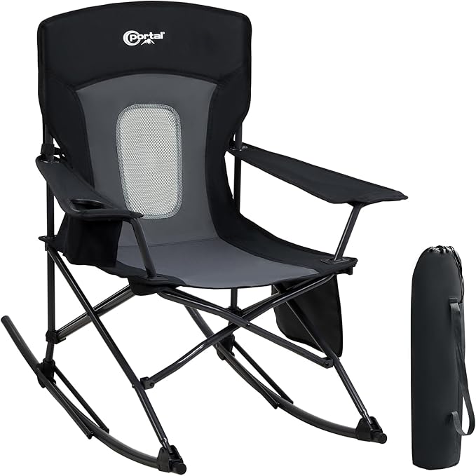 Portal Outdoor Rocking Chair Camping Folding Portable Rocker with Cup Holder Side Pocket Carry Bag, Support 350LBS (Mesh Black)