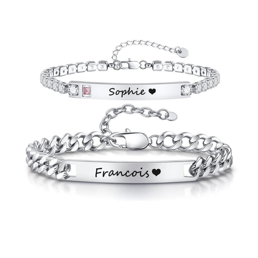 Personalized Matching Bracelet for Couple - Custom Engraving Couple Bracelets,Stainless Steel Long Distance Relationship Jewelry,Promise Bracelets for Him/Her,Valentine's Day Anniversary Birthday Gift