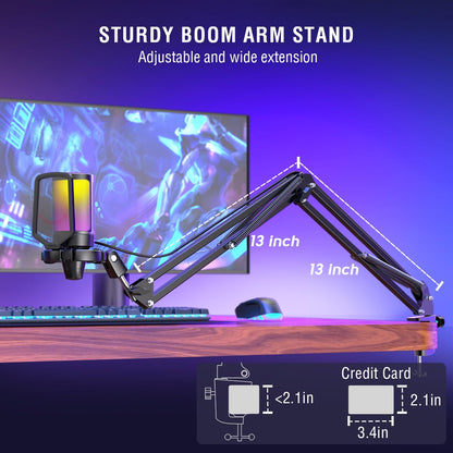 FIFINE Gaming PC USB Microphone, Podcast Condenser Mic with Boom Arm, Pop Filter, Mute Button for Streaming, Twitch, Online Chat, RGB Computer Mic for PS4/5 PC Gamer Youtuber-AmpliGame A6T