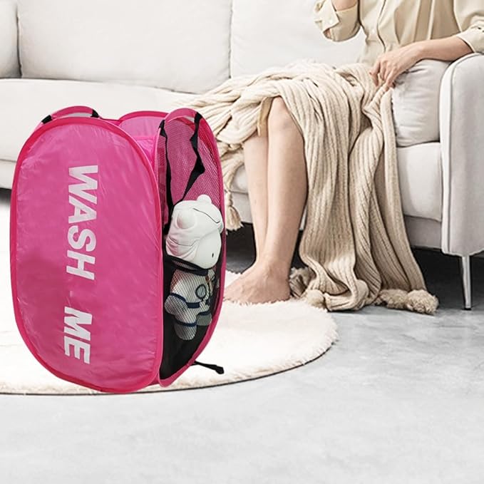 Pop Up Laundry Hamper Collapsible Laundry Basket Mesh Foldable Pink Dirty