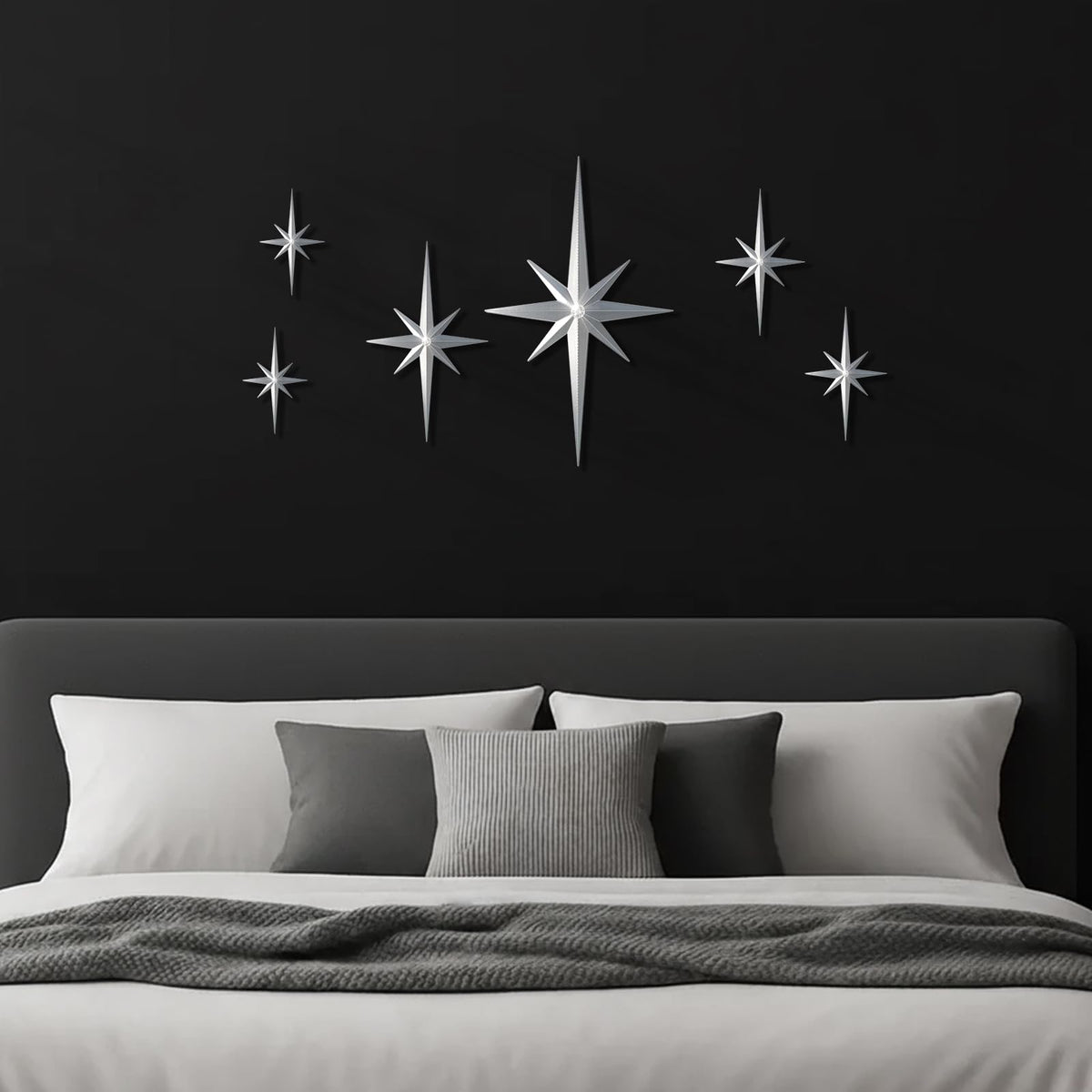 BreezeHug 6 Pcs Mid Century Modern Home Decor Star Art Wall Sculpture with Rhinestone Retro 3D Plastic Star Art Wall Sculpture Bling Diamonds Decor for Home Office Bedroom Entryway(Silver)