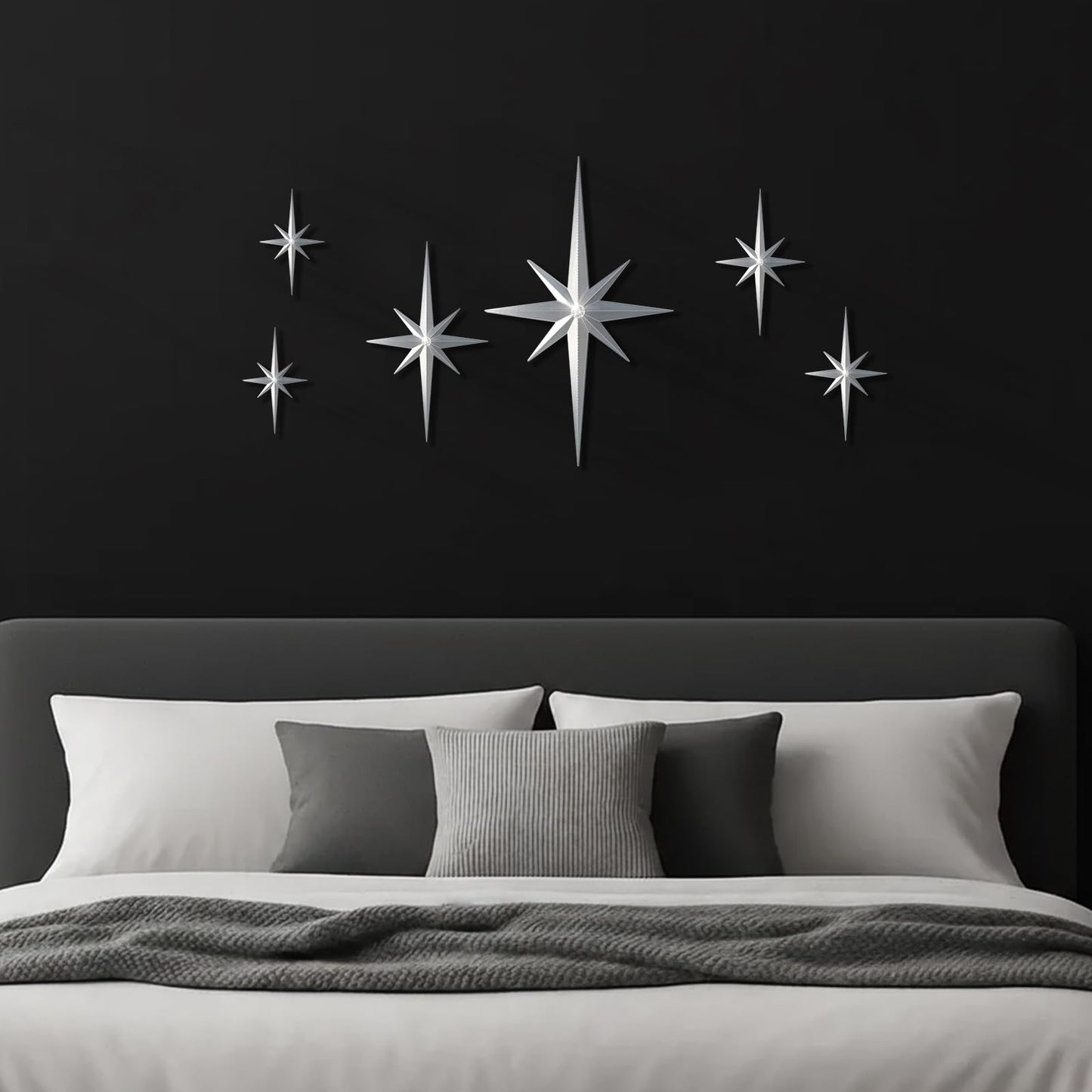 BreezeHug 6 Pcs Mid Century Modern Home Decor Star Art Wall Sculpture with Rhinestone Retro 3D Plastic Star Art Wall Sculpture Bling Diamonds Decor for Home Office Bedroom Entryway(Silver)